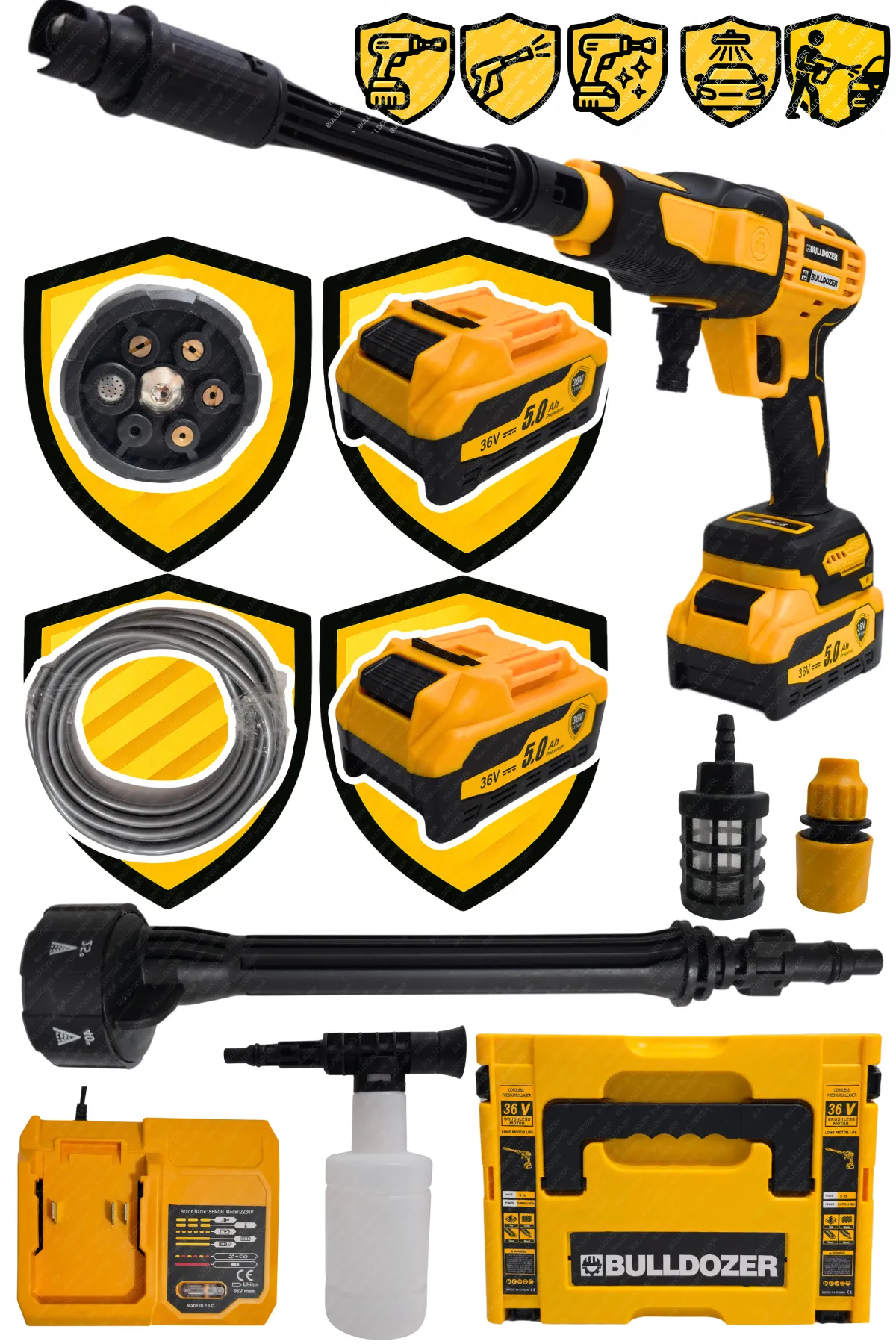 BULLDOZER Çift Akülü Şarjlı Yüksek Basınç Oto Araç Yıkama Bahçe Makinesi