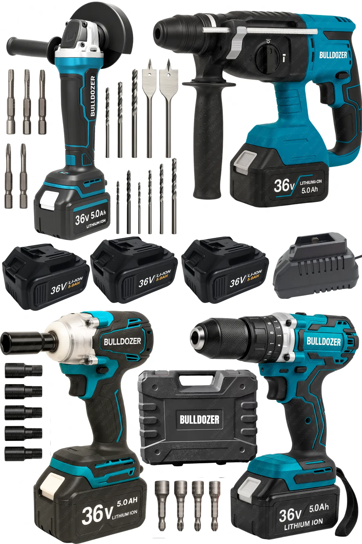 BULLDOZER  Profesyonel 4’lü Akülü El Aletleri Makine Seti Vidalama Delme Kırma Taşlama ve Somun Makinesi