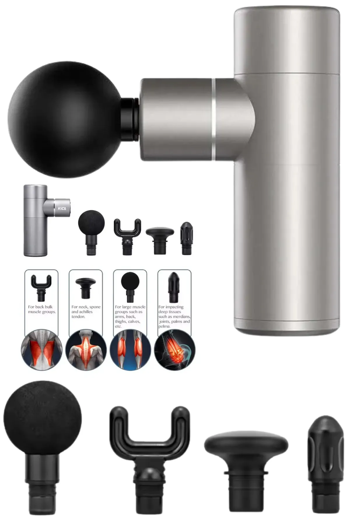 Alüminyum Gövdeli Profesyonel Şarjlı Masaj Tabancası – 4 Başlıklı