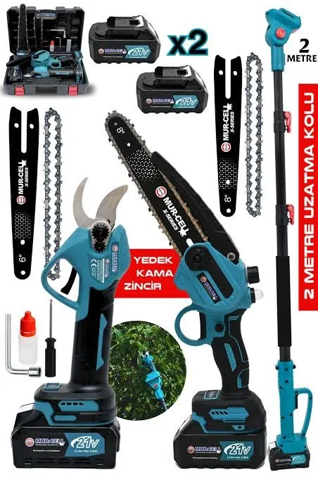 MURCELL 21V Akülü Dal Budama Testere ve Makas Seti (2 Bataryalı – Uzatma Kollu) Teleskopik