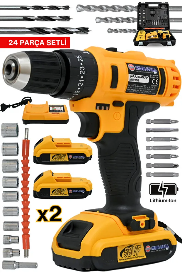Mur-Cell Bx-9014 12v Metal Şanzıman Çift Akülü Bakır Sargı Şarjlı Darbeli Matkap Akülü Vidalama