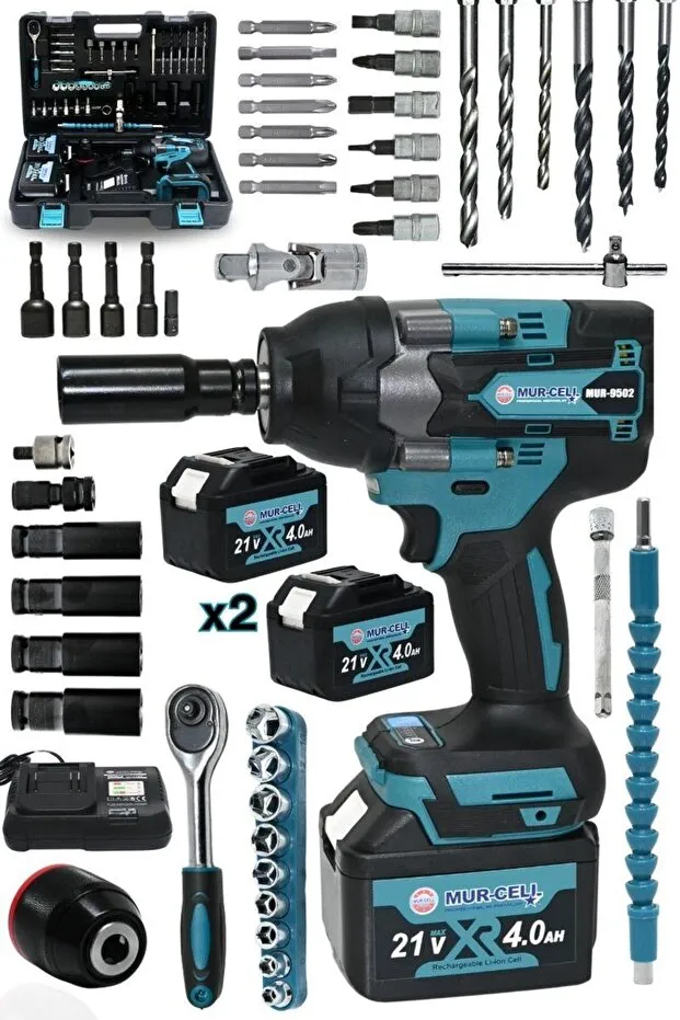 Mur-Cell 21v 4.0ah Akülü Torklu Somun Sıkma Bijon Sökme Kömürsüz Matkap 15 Pilli Batarya Kömürsüz