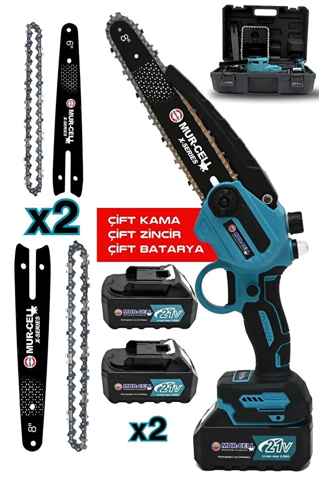 Mur-Cell Mur-9106 Şarjlı Dal Budama Testeresi Çift Pala Zincir Otomatik Yağlamalı 21v 3amper