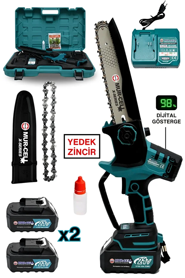 Mur-Cell Mur-9108 Dal Budama Testeresi Kömürsüz Otomatik Yağlamalı Dijital Göstergeli 21v 3 Amper