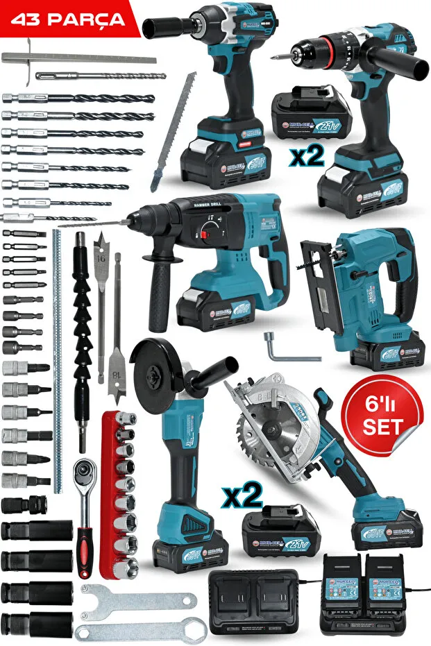 Mur-Cell Şarjlı 6 Lı Profesyonel Matkap Dekupaj Daire Testere Kırıcı Delici Taşlama Seti Kömürsüz