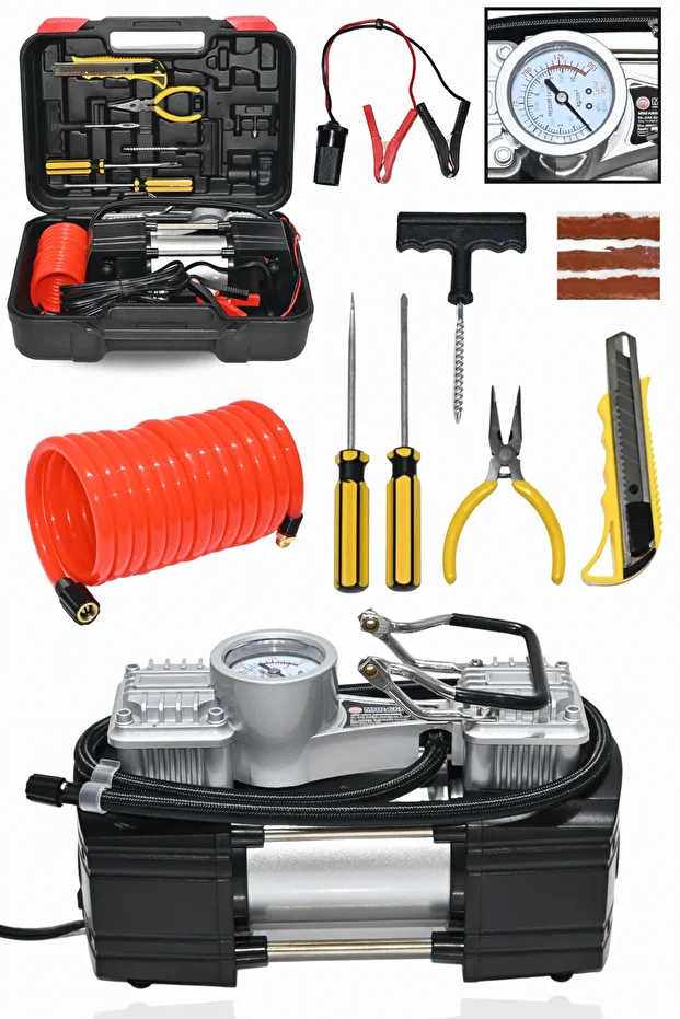 Mur-Cell Çift Pistonlu Pro Seri Çelik Gövde Setli Lastik Şişirme Kompresörü Araç Araba Lastik Bot Şişirme