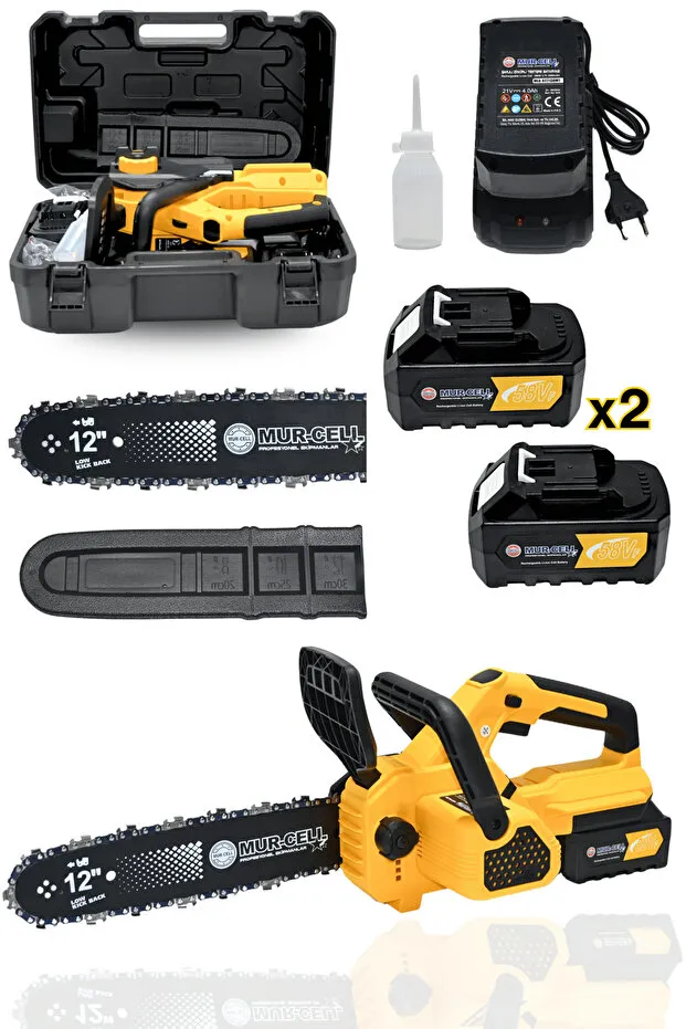 Mur-Cell Dj12 Sarı Şarjlı Ağaç Odun Kesme Motoru Zincirli Testere 21v 4 Amper Kömürsüz