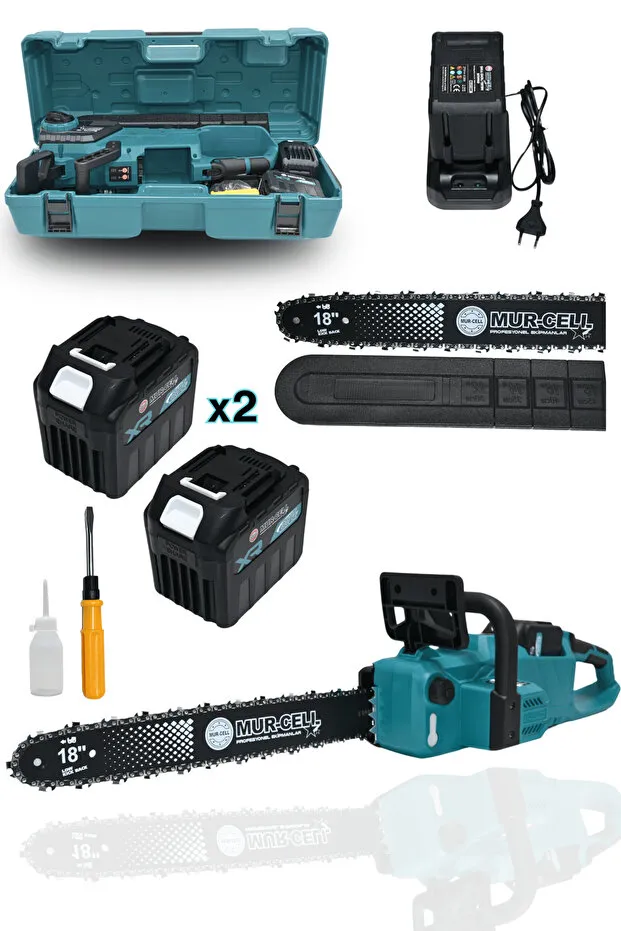 Mur-Cell Dj16 Mavi Şarjlı Ağaç Odun Kesme Motoru Zincirli Testere 21v 4 Amper 20 Pilli Kömürsüz