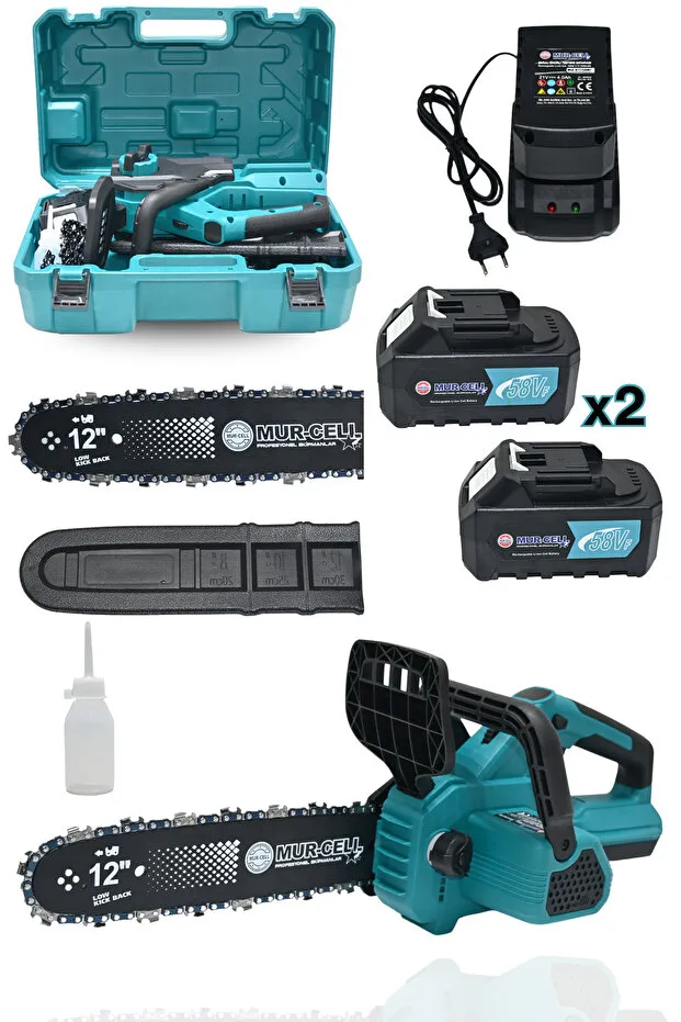 Mur-Cell Dj12 Mavi Şarjlı Ağaç Odun Kesme Makinası Zincirli Testere 21v 4 Amper Kömürsüz