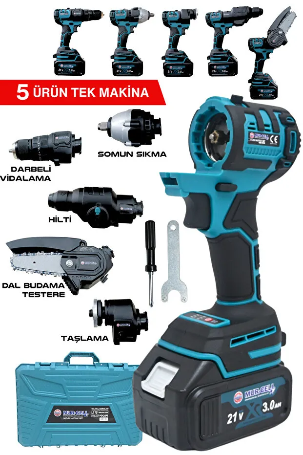Mur-Cell MUR-9019 5 Lİ Değişen Kafa Budama Testeresi Taşlama Darbeli Vidalama Kırıcı Hilti