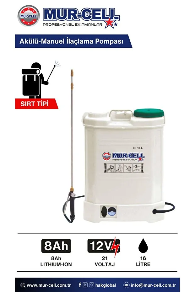 Mur-Cell HX-16C 16 Litre Akülü İlaçlama Pompası Sırt Tipi Şarjlı İlaçlama Püskürtme