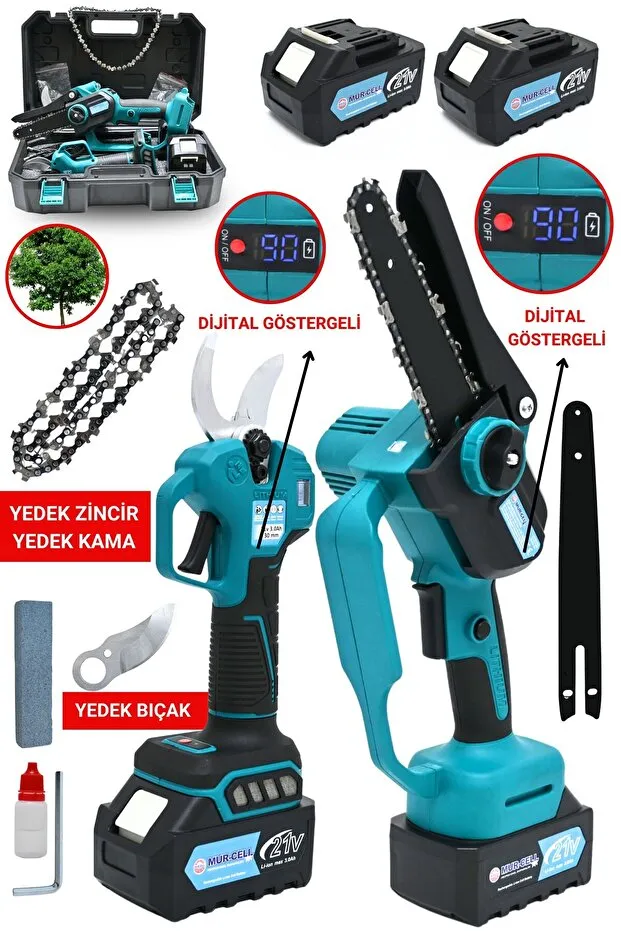 Mur-Cell Dijital Göstergeli Plus Makas Testere Seti Kömürsüz Çift Pala Çift Zincir Yedek Bıçaklı 10 Pilli