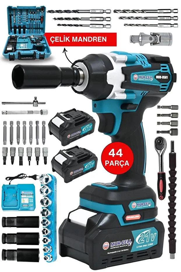 Mur-Cell MUR-9501 450nm 21v 3Ah Şarjlı Torklu Somun Sıkma Bijon Sökme Kömürsüz Matkap 43 Parça Setli