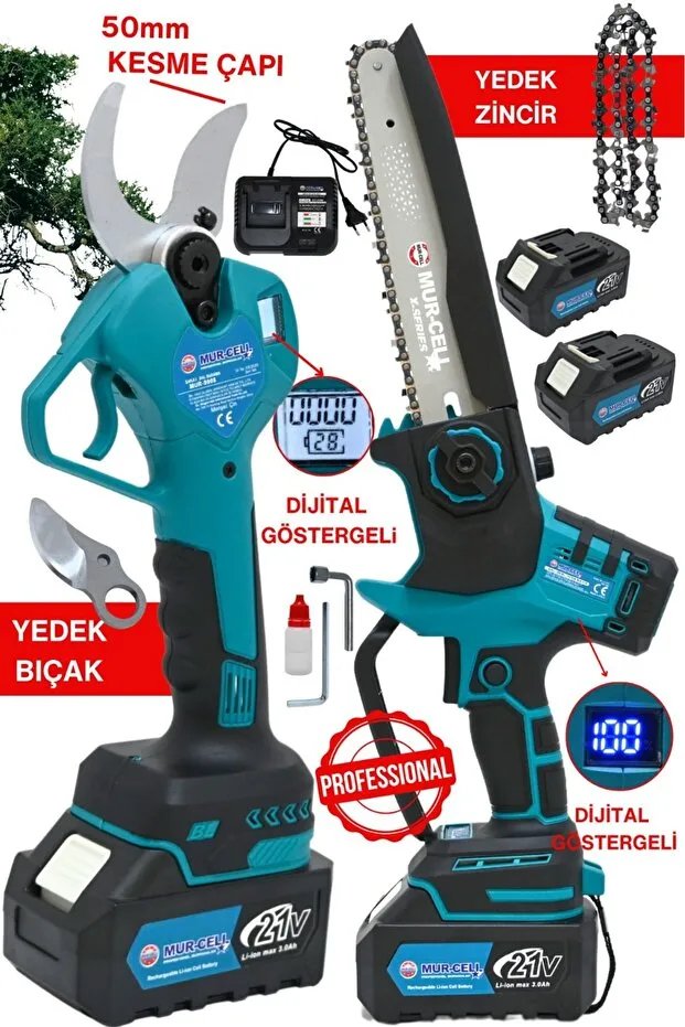 Mur-Cell Dijital Göstergeli 2Li Set A PLUS 21v 3Ah 50mm Budama Makası Kömürsüz Budama Testeresi
