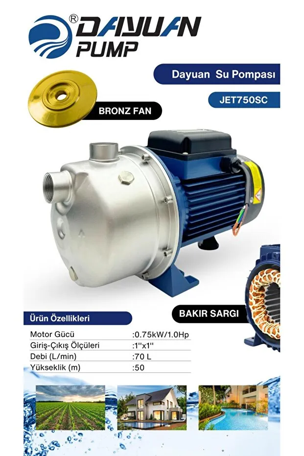 DAYUAN JET750SC BAKIR SARGILI PASLANMAZ GÖVDE 0.75kW 1HP SU MOTORU DİNAMO SANTİFÜRÜJ POMPA