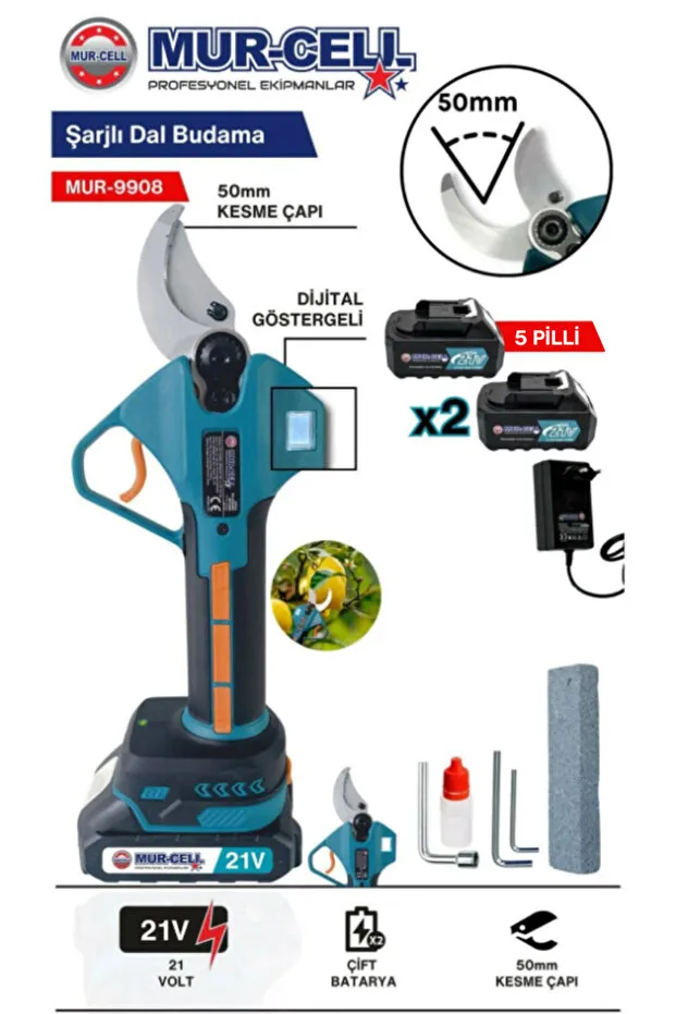 Mur-Cell 9908 Dal Budama Makası 21v 2ah 50mm Kesme Çaplı Çelik Bıçaklı 5 Pilli