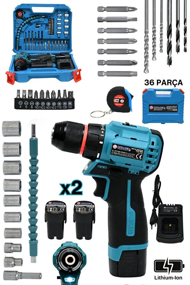 Mur-Cell Mur-9013 16,8v Kömürsüz Motor Çelik Mandren 36 Parça Şarjlı Matkap Akülü Vidalama Seti