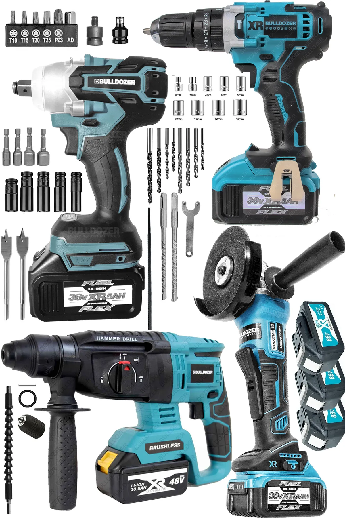 Bulldozer Süper 4 Makineli Akülü Set  Kırıcı Taşlama Darbeli Matkap Somun Sıkma