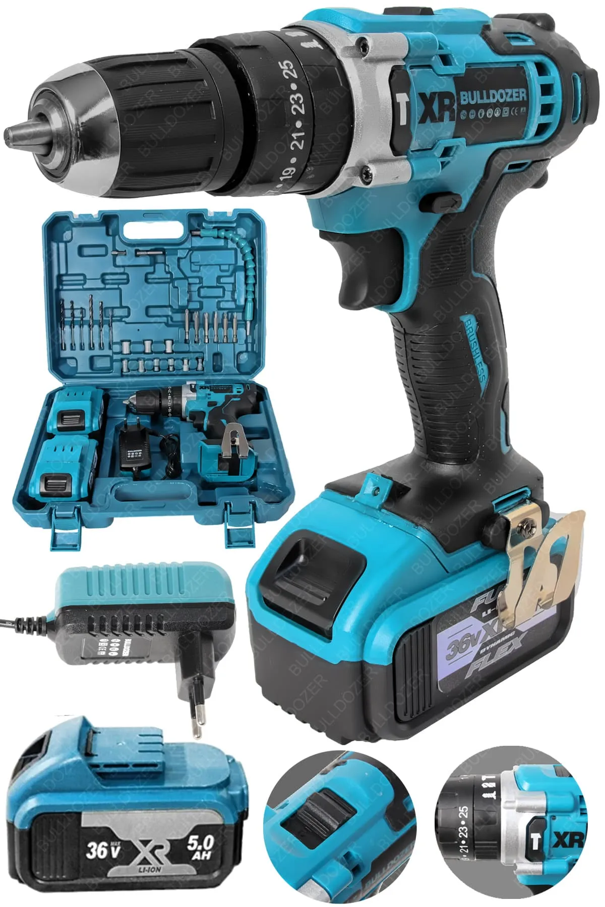 Bulldozer Darbeli 10mm Metal Korumalı Mandren Çift Akülü Şarjlı Vidalama Matkap 36vr