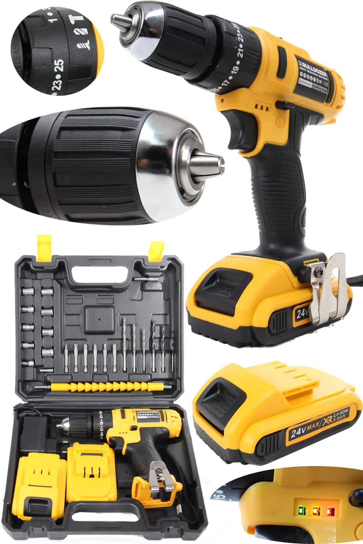Bulldozer Şarjlı Vidalama Matkap Çift Akülü 24vr Darbeli 24 Parça Aksesuar Setli