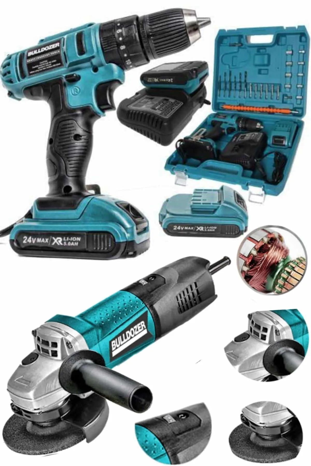 Bulldozer 2 Makine Seti 24v Şarjlı Matkap 1600w Avuç Taşlama
