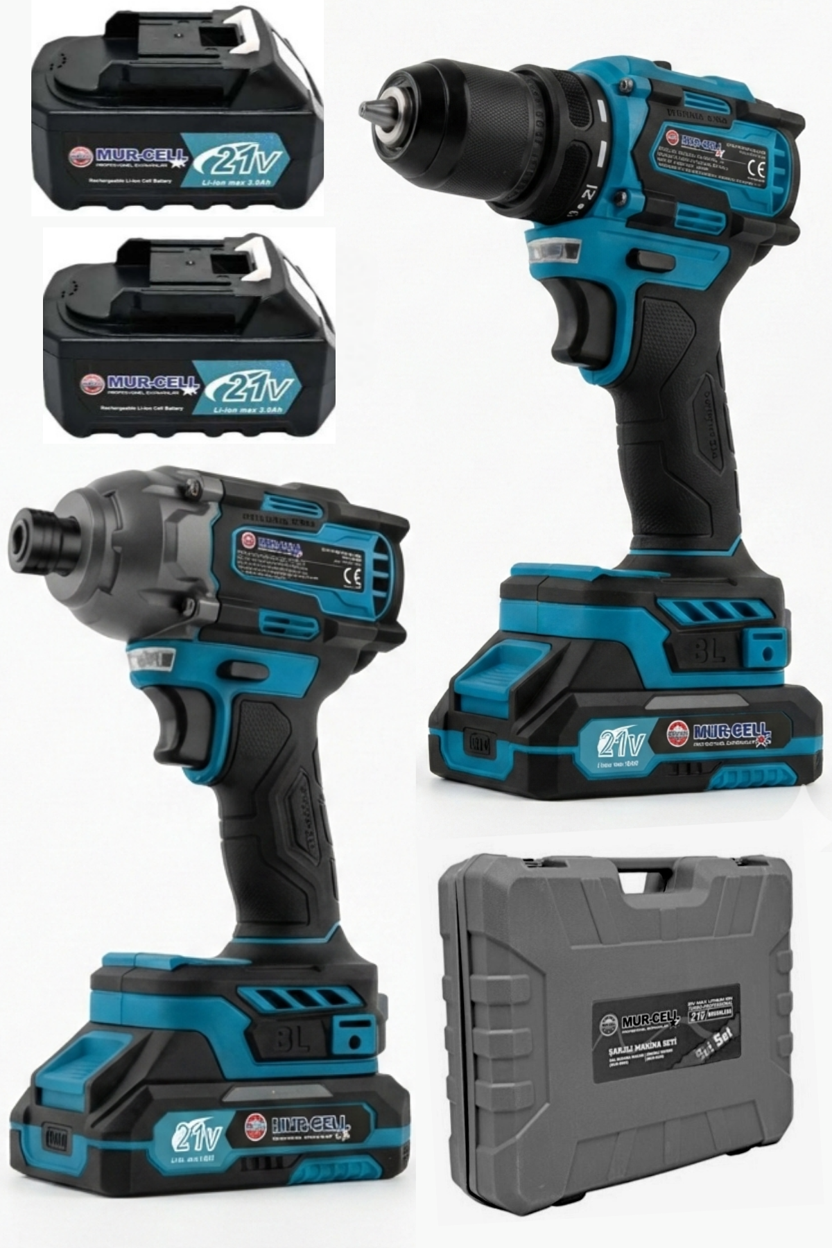 Mur-Cell 21V 2Ah Kömürsüz 280 Nm Torklu Somun Sıkma Sökme Akülü Matkap Şarjlı Vidalama 2'li Set