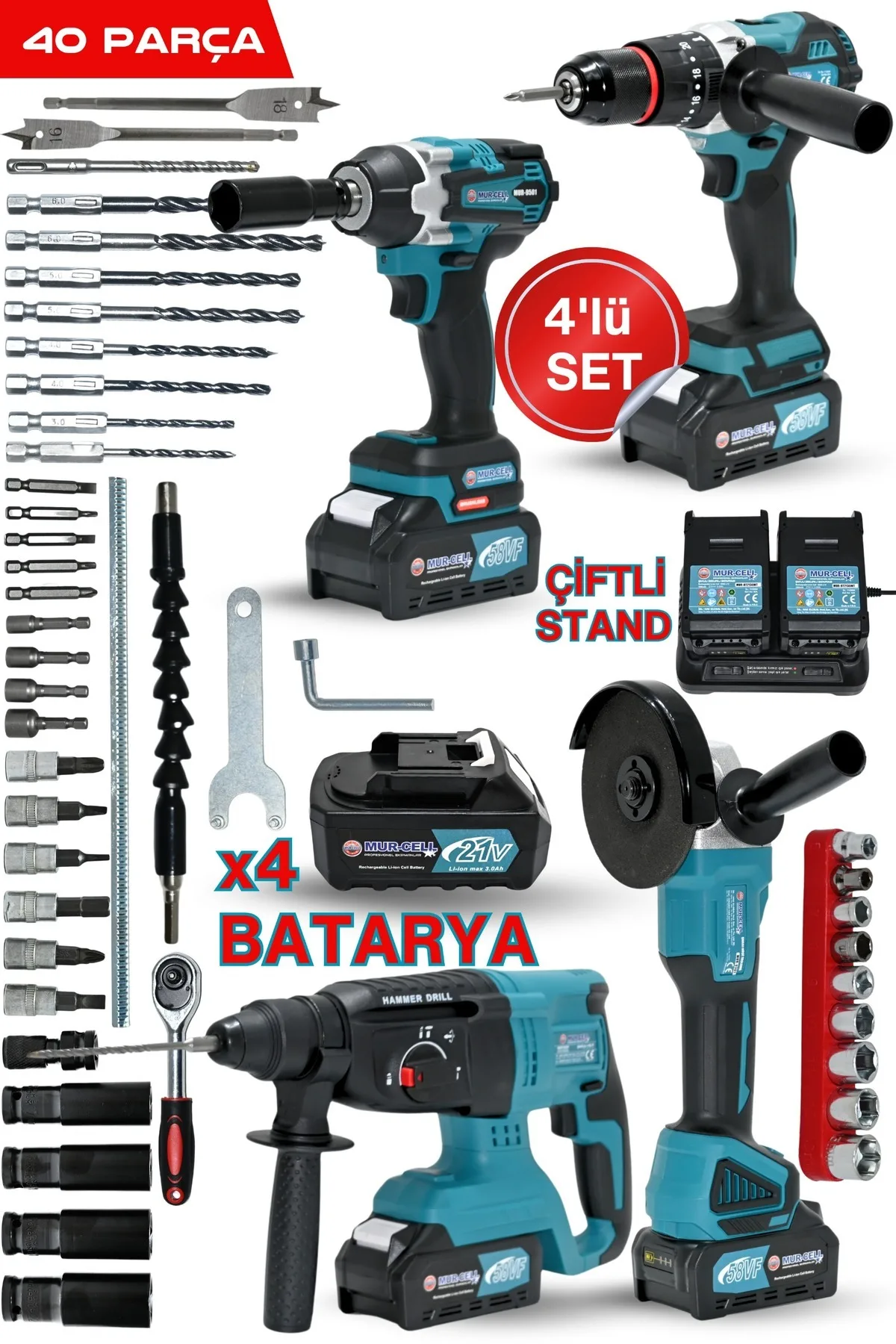 Mur-Cell 4'lü Set Kırıcı Delici 26 Mm Hilti 115 Mm Taşlama 400 Nm Somun Sökme 13mm Matkap Kömürsüz Set