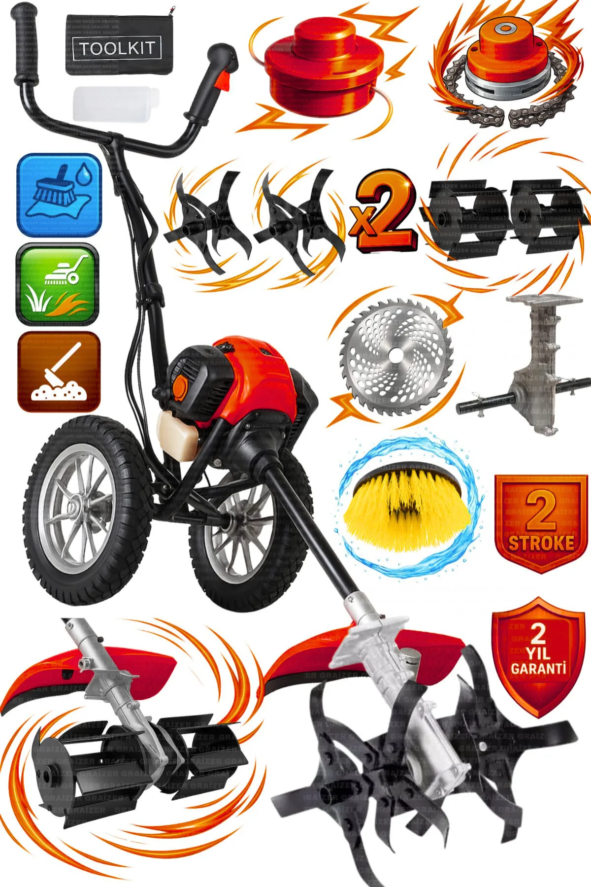 Benzinli Tekerli Motorlu Tırpan ve Çapa Makinesi Ot Biçme Kesme Seti