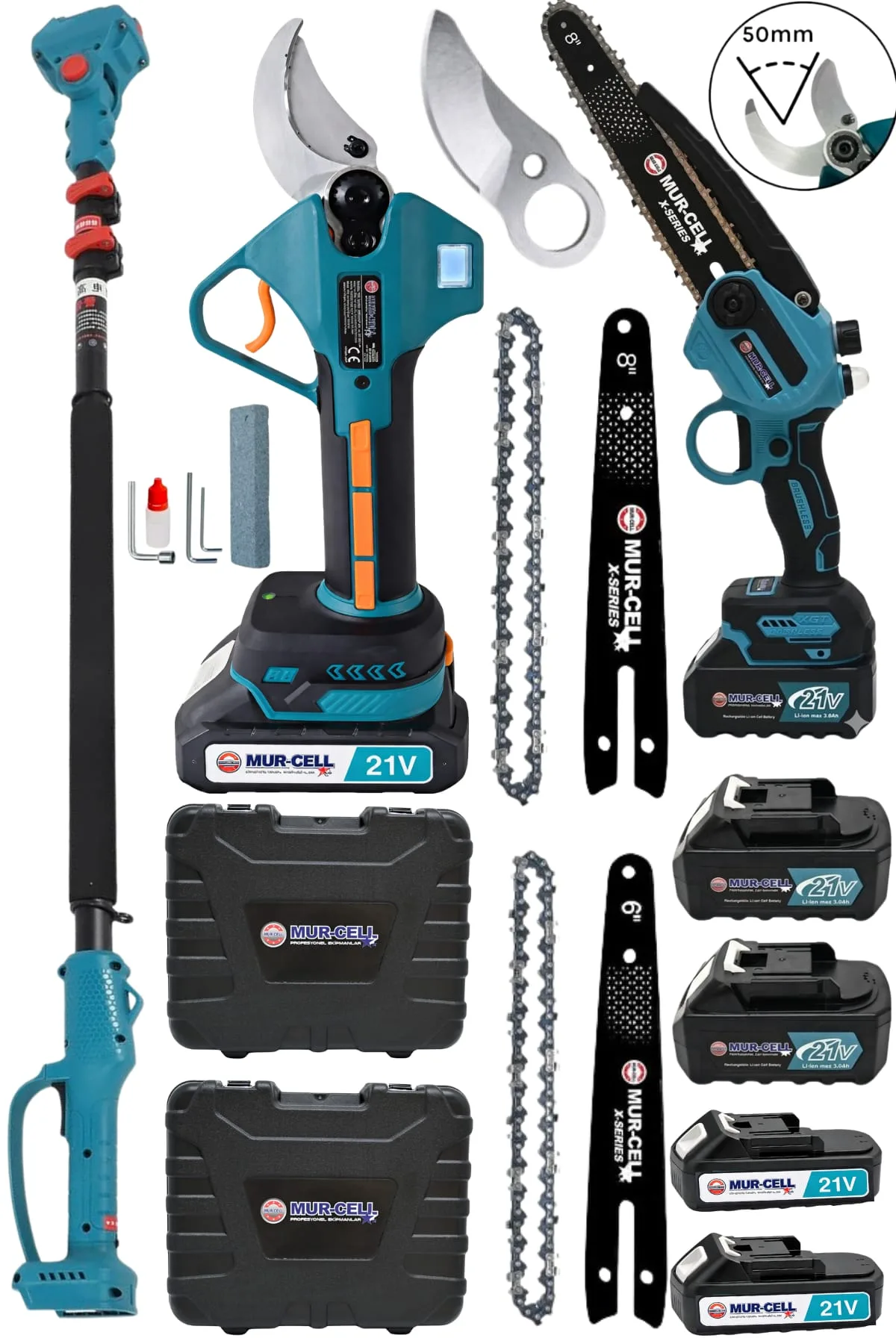 MURCELL  Akülü Dal Budama Testere ve Makas Seti 4 Bataryalı – Uzatma Kollu Teleskopik