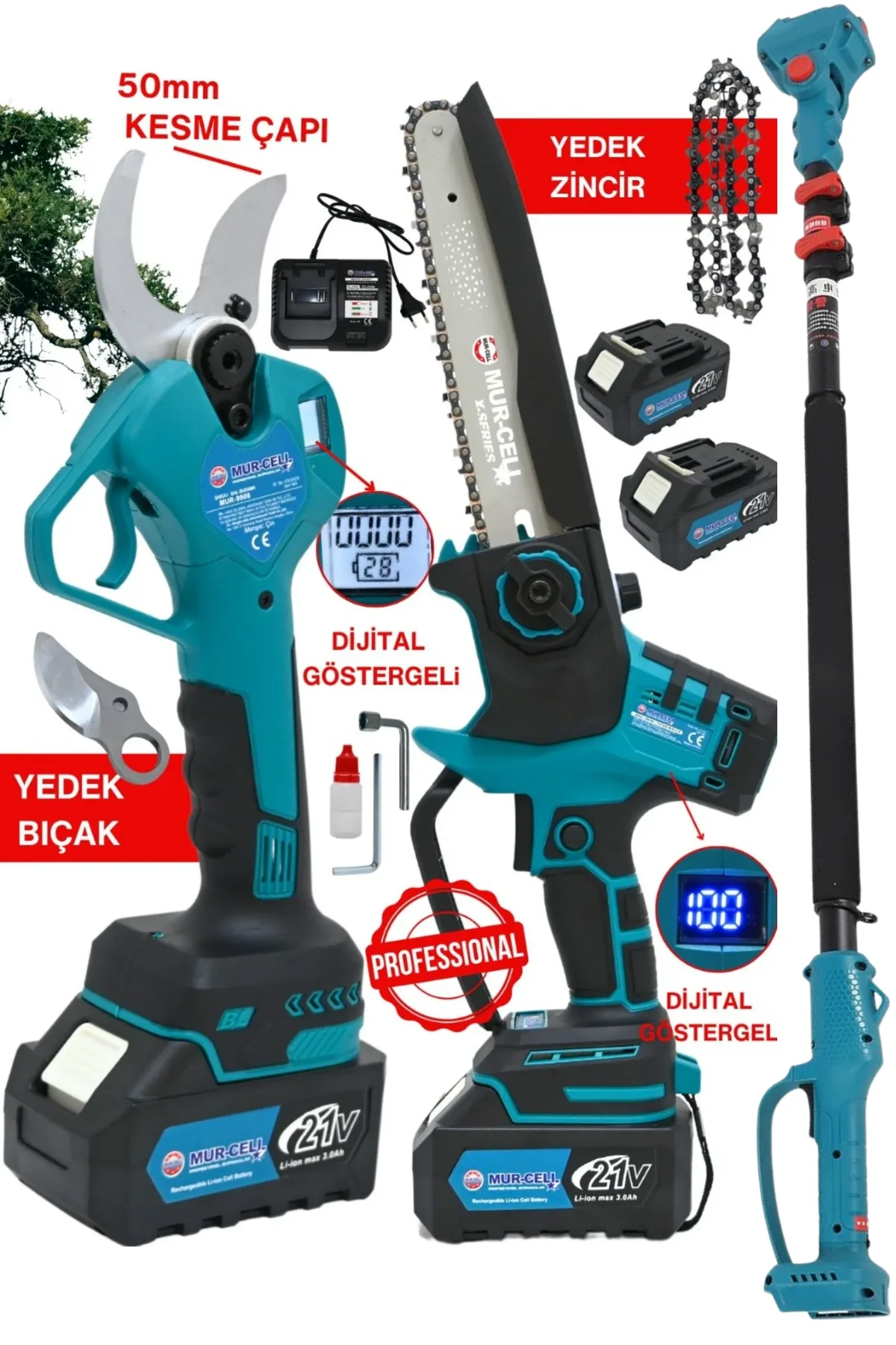 MURCELL Akülü Dal Budama Testere ve Makas Seti 4 Uzatma Kollu